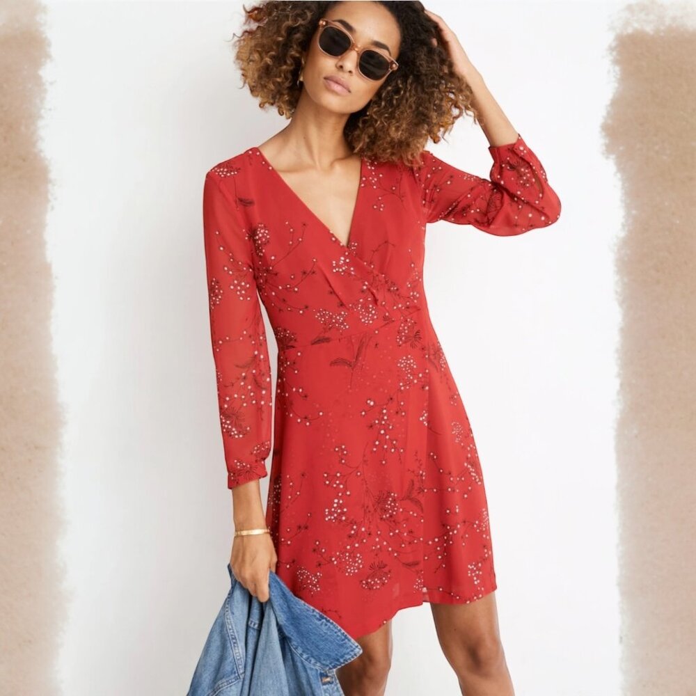 Madewell Hazelwood Front Wrap Mini Dress Sheer Cranberry with Artsy Print SZ 6